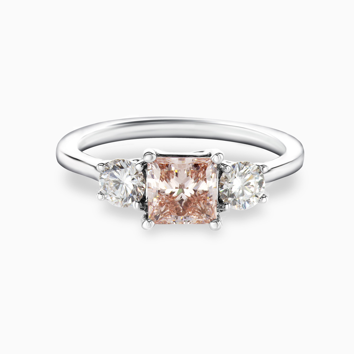 1-Carat Pink Lab-Grown Princess Diamond Three-Stone Ring, 14k White Gold