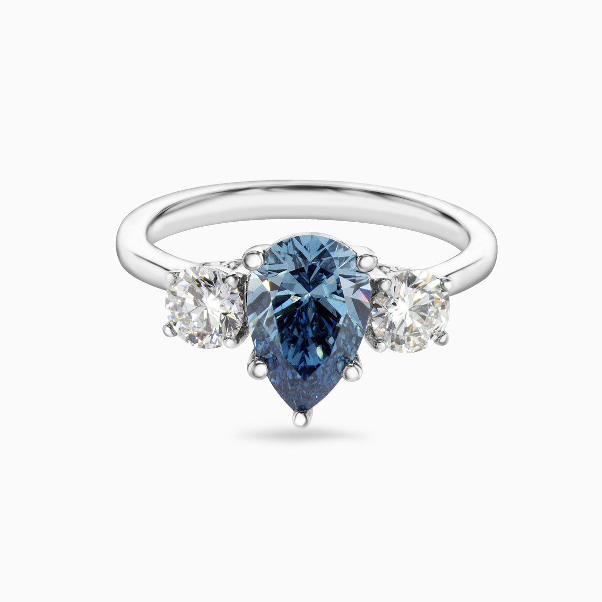 Blue Lab-Grown Pear-Shaped Diamond Three-Stone Ring, 14k White Gold