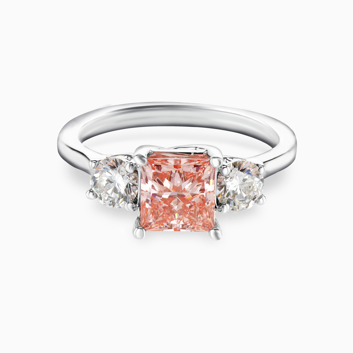 Pink Lab-Grown Princess Diamond Three-Stone Ring, 14k White Gold