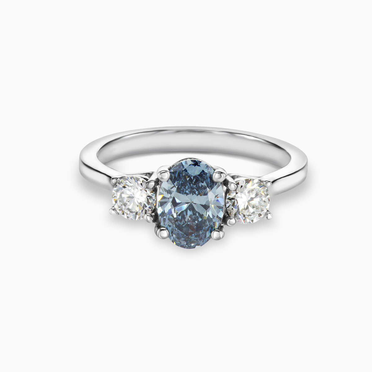 Three-Stone Diamond Engagement Ring, with Fancy Blue Lab-grown Diamond , 14k White Gold