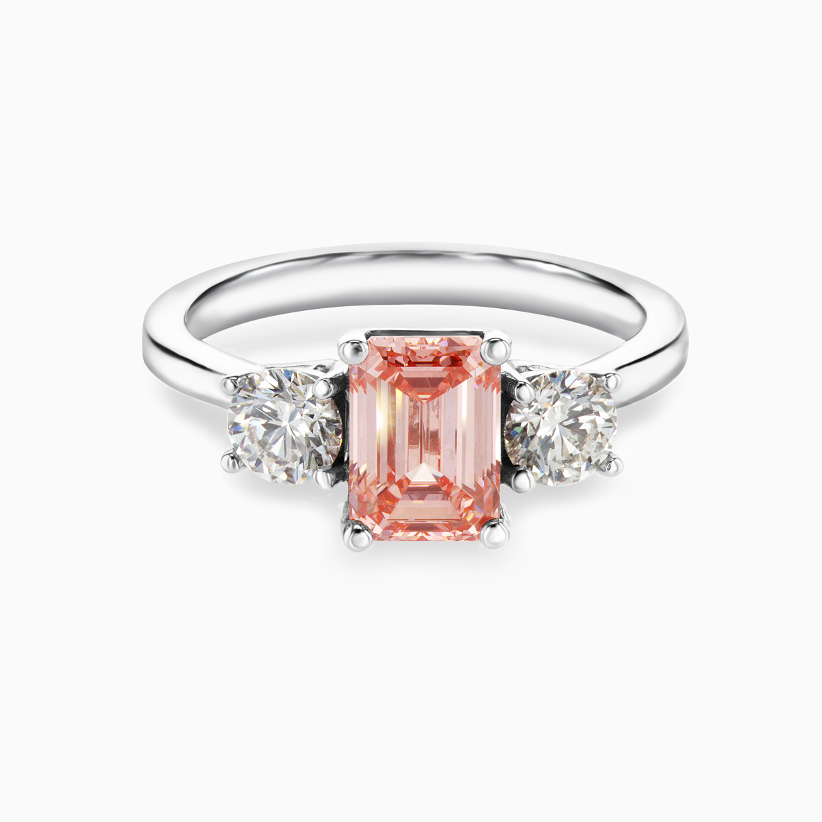 Three-Stone Diamond Engagement Ring with Fancy Pink Emerald Lab-created Diamond, 14k White Gold