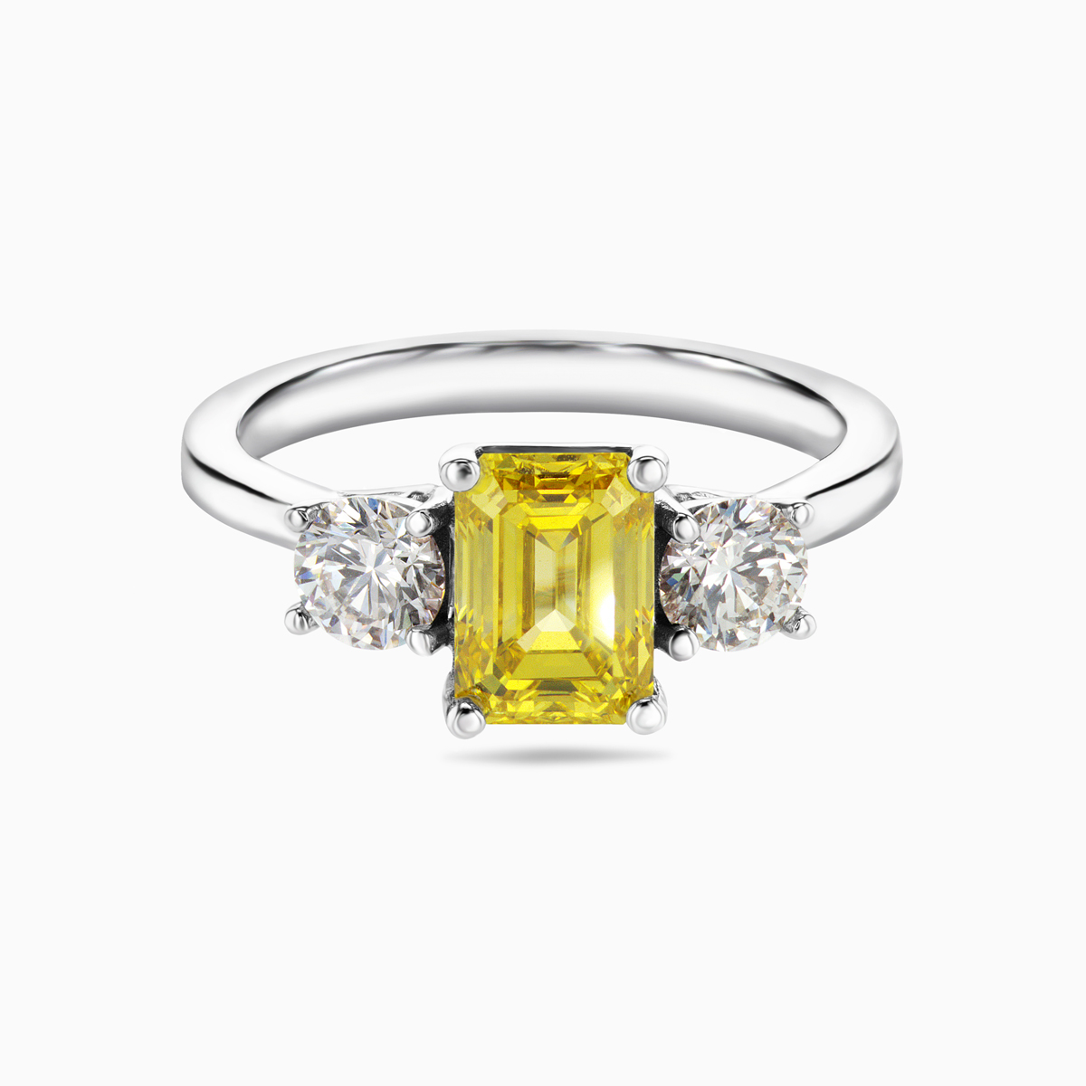 Yellow Lab-Grown Emerald Diamond Three-Stone Ring, 14k White Gold