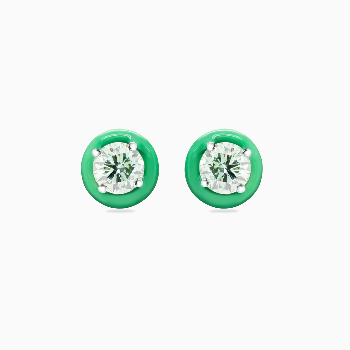 Green Enamel Halo Lab-grown Diamond Stud Earrings, 14k White Gold