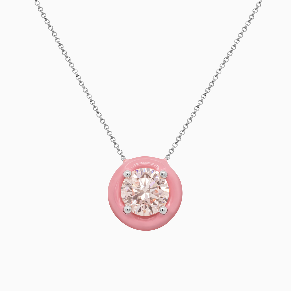 Pink Enamel-coated Halo Lab-Grown Diamond Solitaire Necklace, 14k White Gold