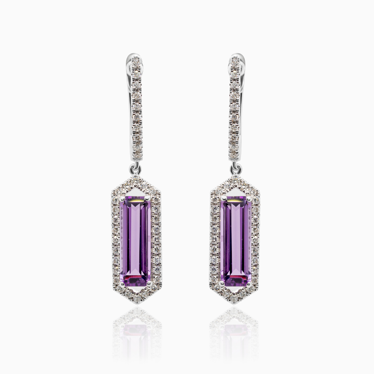 Art Deco-Inspired Natural Diamond & Amethyst Earrings, 14k White Gold