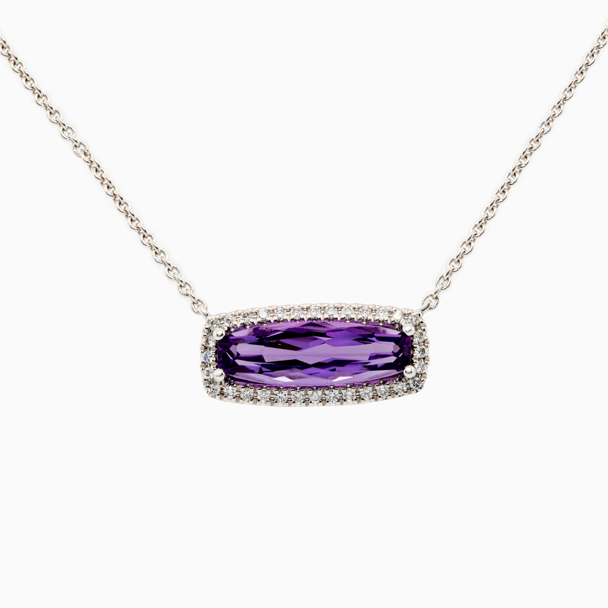 Natural Amethyst & Diamond Halo Necklace, 14K White Gold