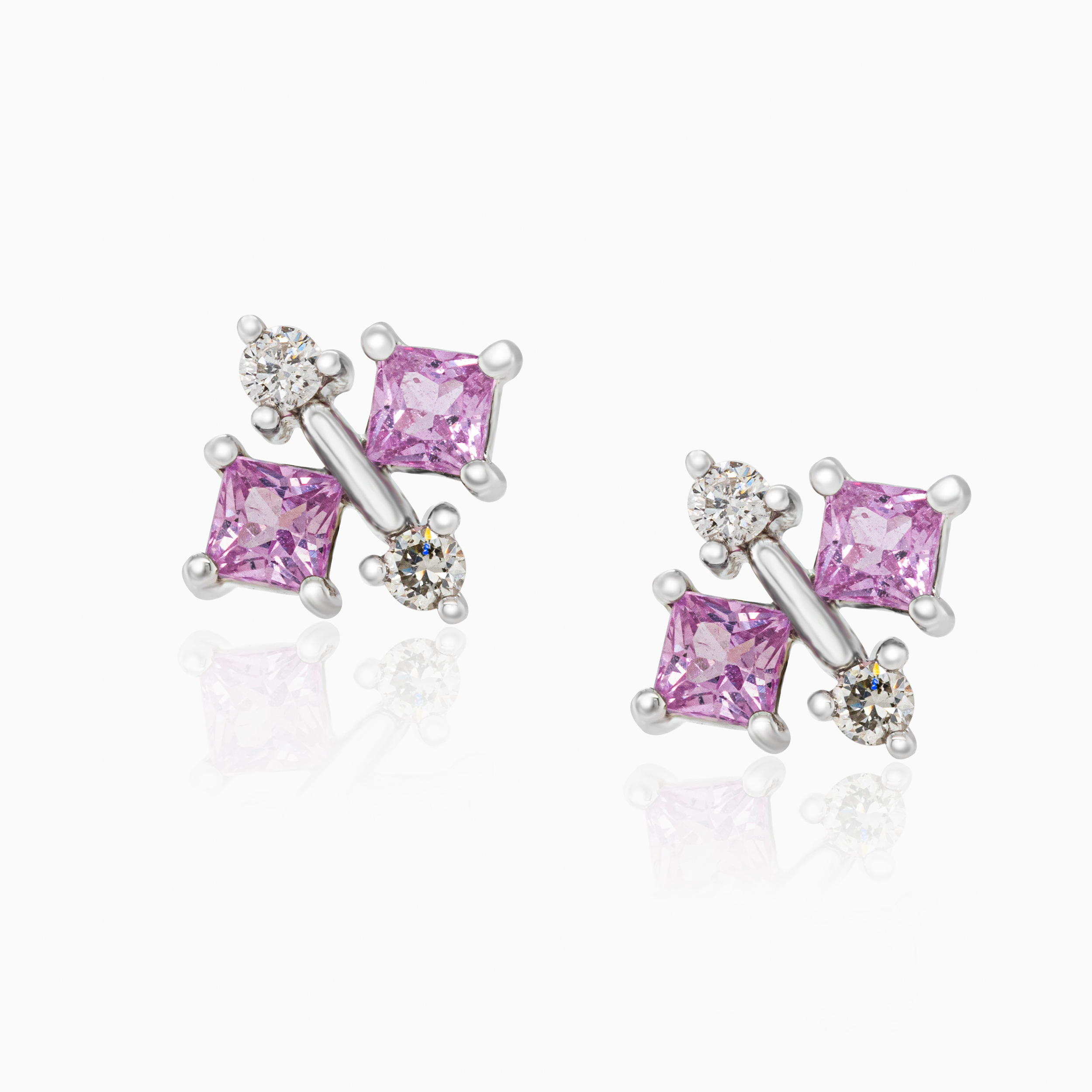 Natural Diamond & Pink Sapphire Asymmetric Stud Earrings, 14k White Gold