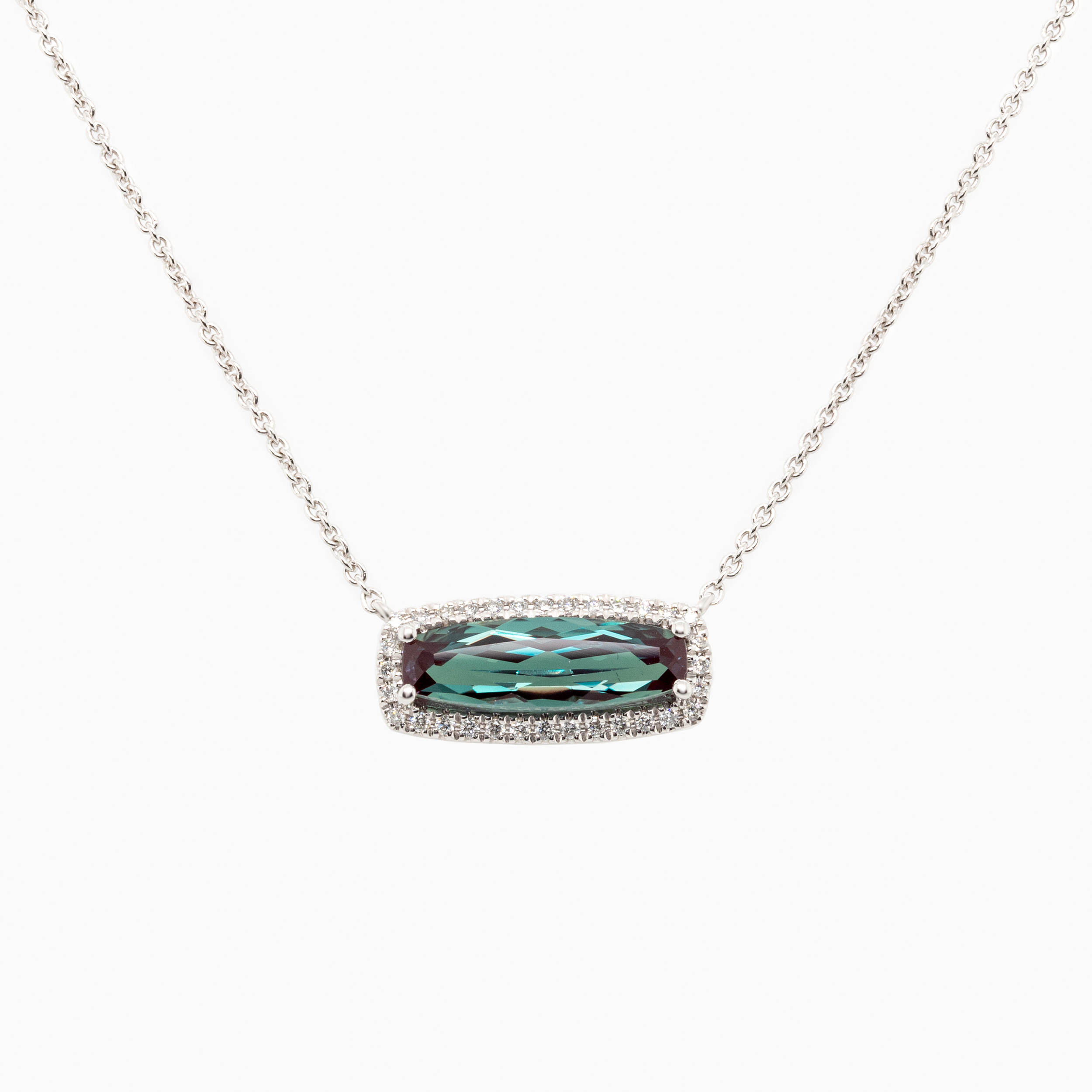 Created Alexandrite & Natural Diamond Halo Necklace, 14k White Gold