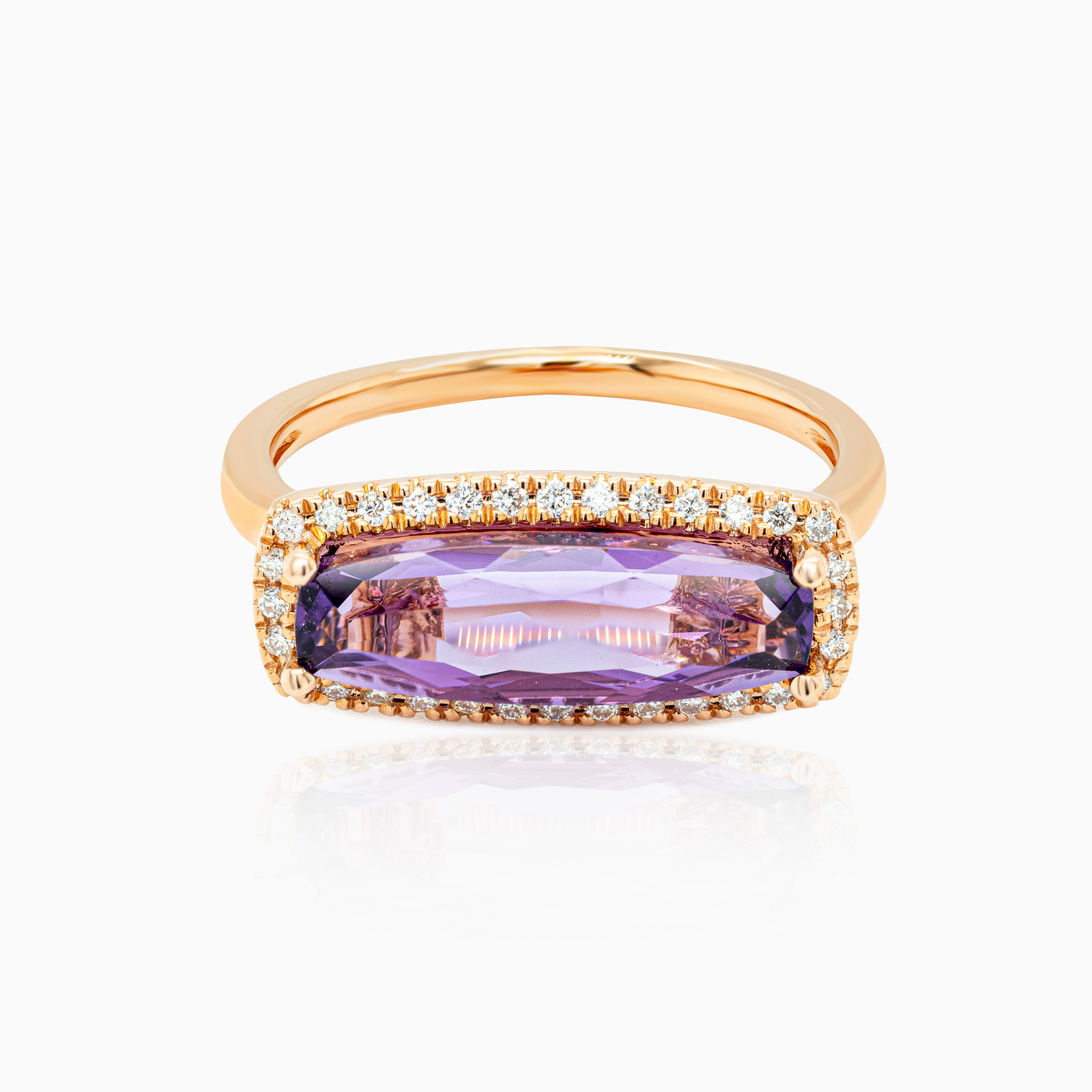 Cushion-cut Amethyst & Natural Diamond Designer Fashion Ring, 14k Rose Gold