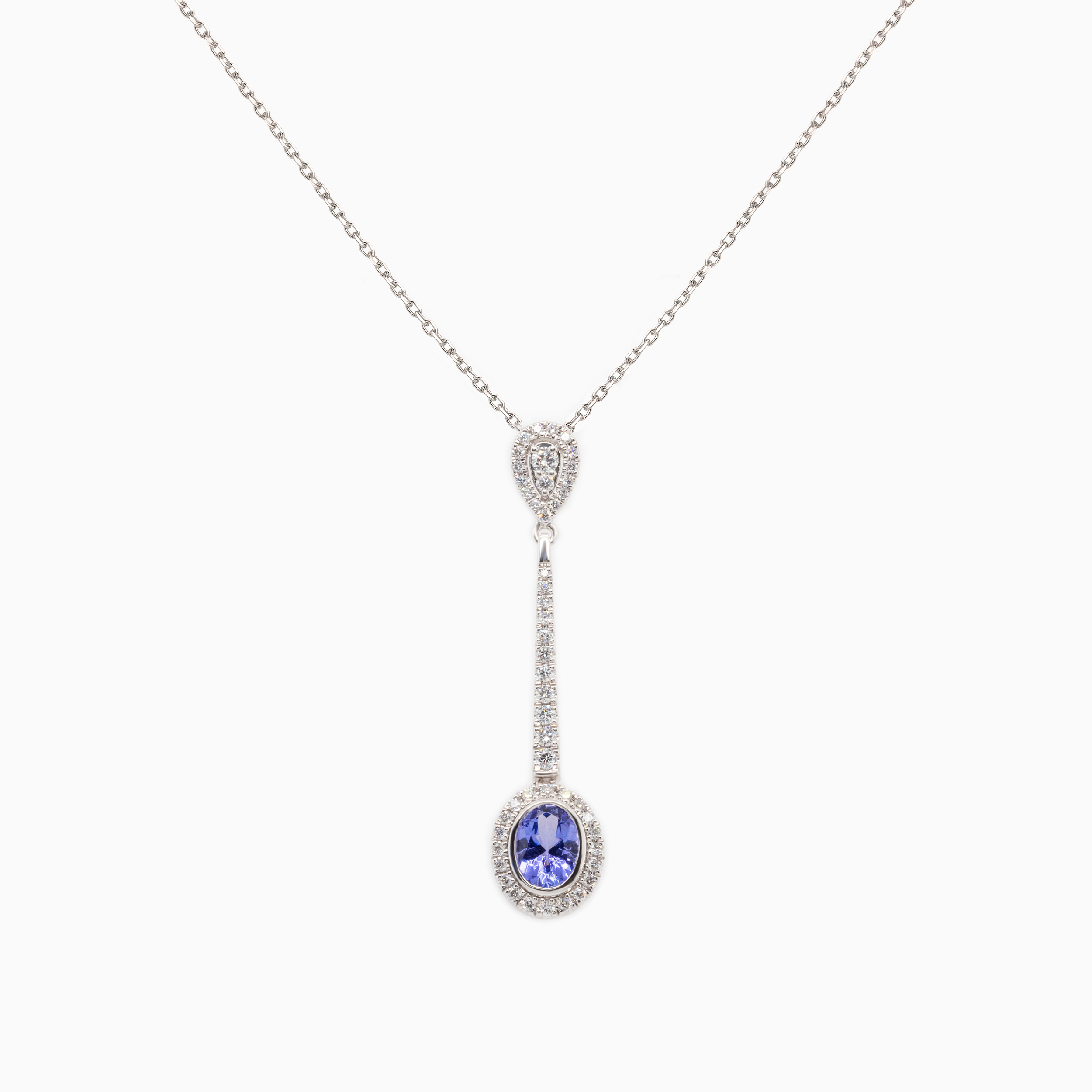 Natural Diamond and Tanzanite Lavaliere Necklace, 14k White Gold