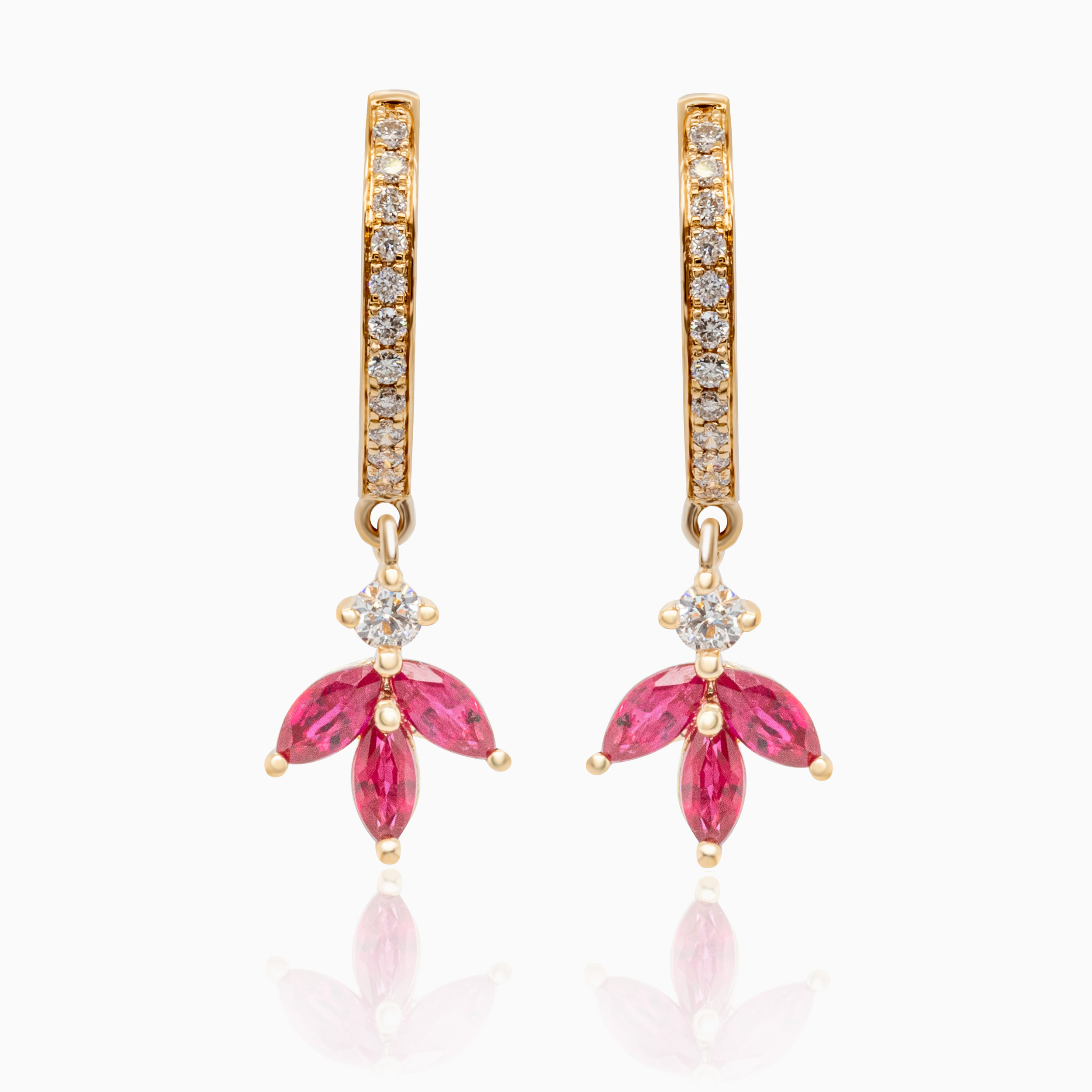 Natural Ruby Petal Earrings with Diamond Accents, 14K Yellow Gold